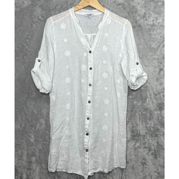 Rosemarine Top Womens Small White 100% Linen Embroidered Floral Roll Tab Sleeve - Picture 1 of 9